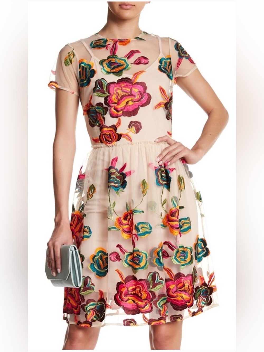 Alexia Admor Floral Embroidered Tulle Dress - Nude, Fuchsia, Orange, Green, Teal